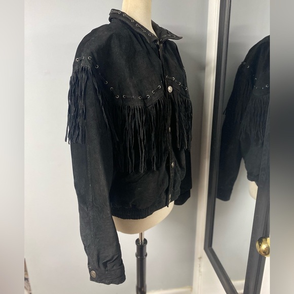VNTG WILSON BLACK FRINGE WESTERN LEATHER JACKET W/SILVER INDIAN HEAD SNAP BUTTON - Picture 8 of 16